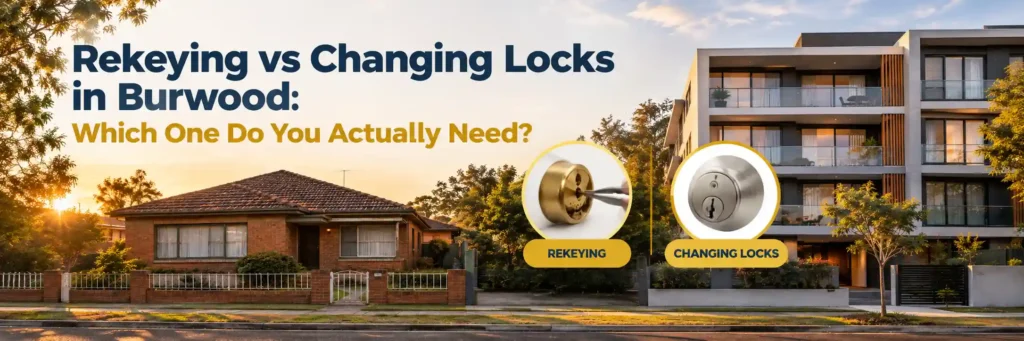Rekeying vs changing locks in Burwood showing residential homes and apartment buildings